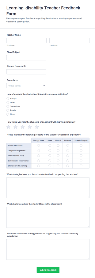 Learning Disability Teacher Feedback Form Template
