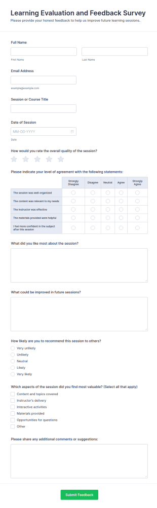 Learning Evaluation And Feedback Survey Form Template