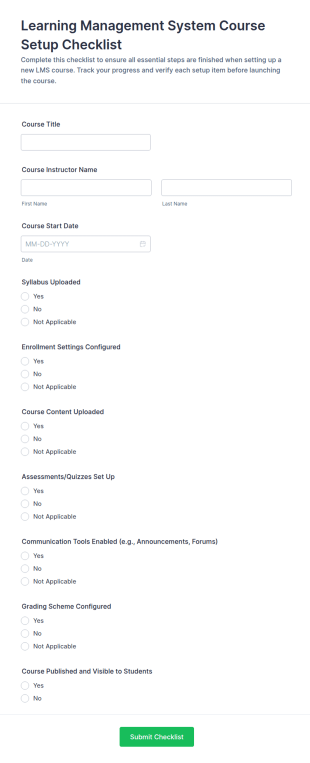 Learning Management System Course Setup Checklist Form Template