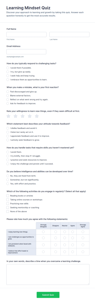 Learning Mindset Quiz Form Template