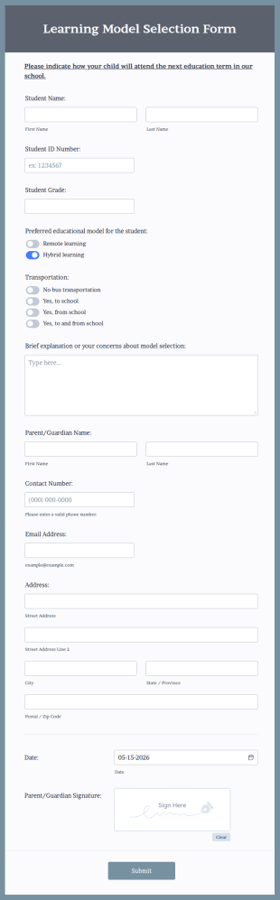 Learning Model Selection Form Template