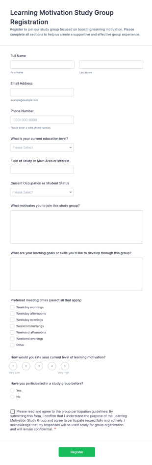 Learning Motivation Study Group Registration Form Template
