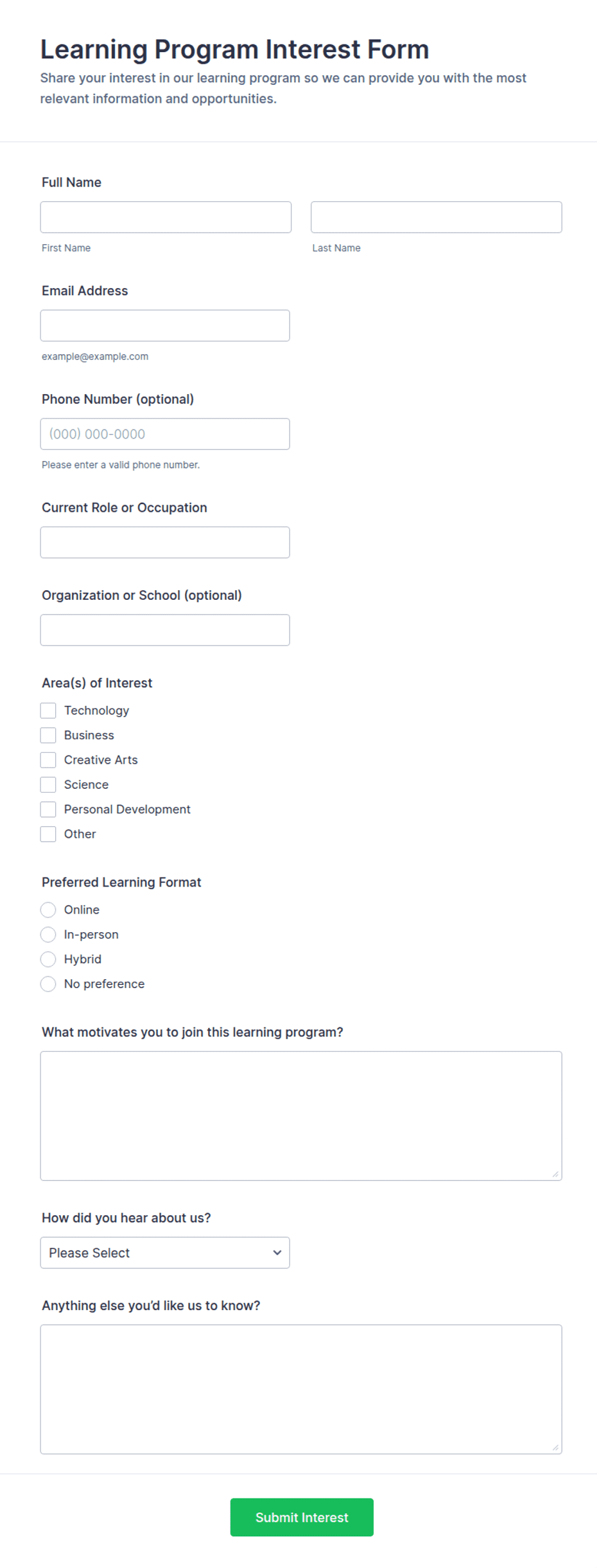 Learning Program Interest Form Template | Jotform