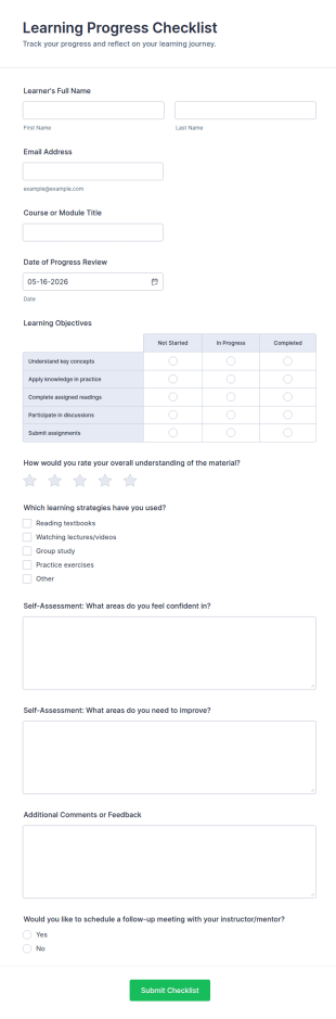 Learning Progress Checklist Form Template