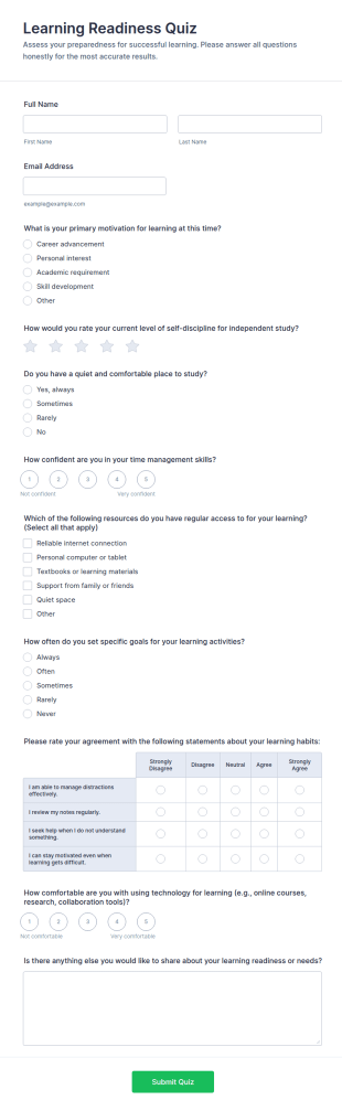 Learning Readiness Quiz Form Template