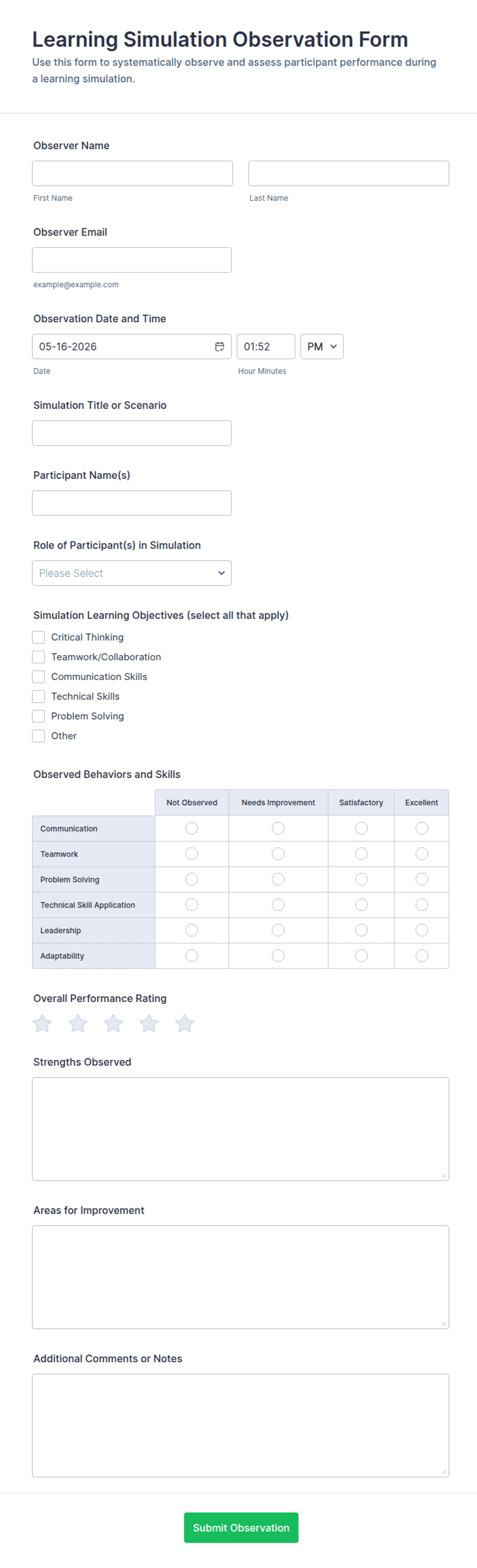 Visual Observation Form Learning Simulation Observation Form Template | Jotform