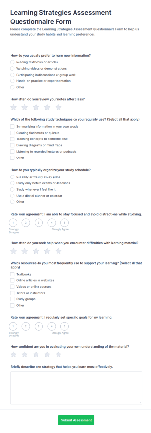 Learning Strategies Assessment Questionnaire Form Template