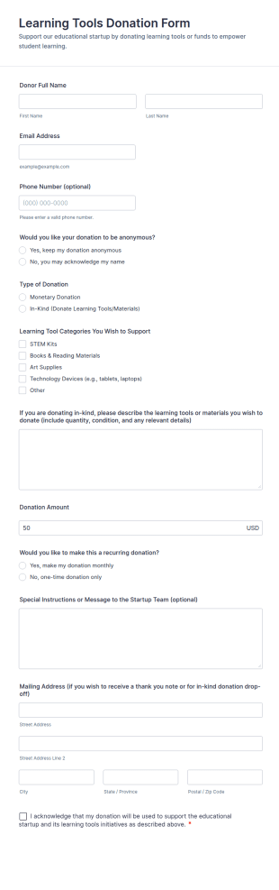 Learning Tools Donation Form Template