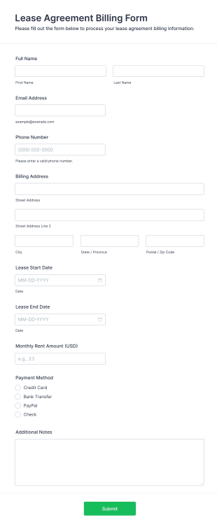 Lease Agreement Billing Form Template