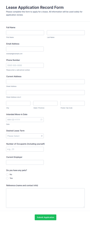 Lease Application Record Form Template