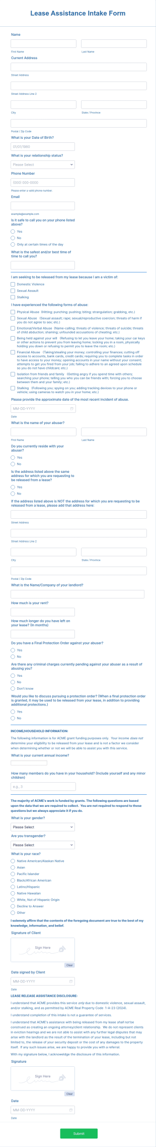 Lease Assistance Intake Form Template