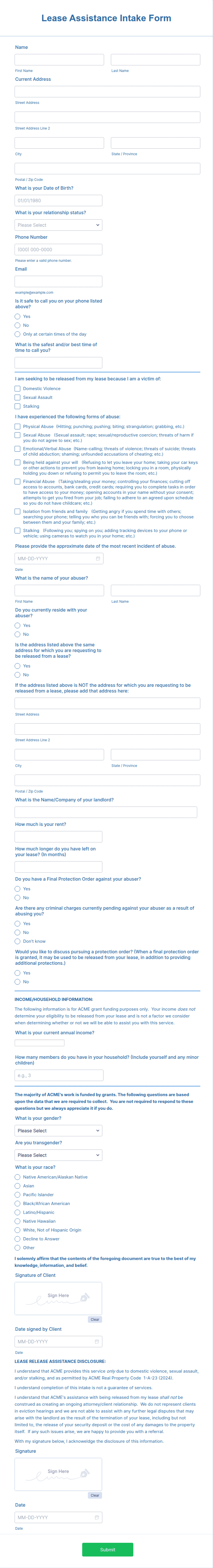 Sample Rent Financial Assistance Intake Form Lease Assistance Intake Form Template | Jotform