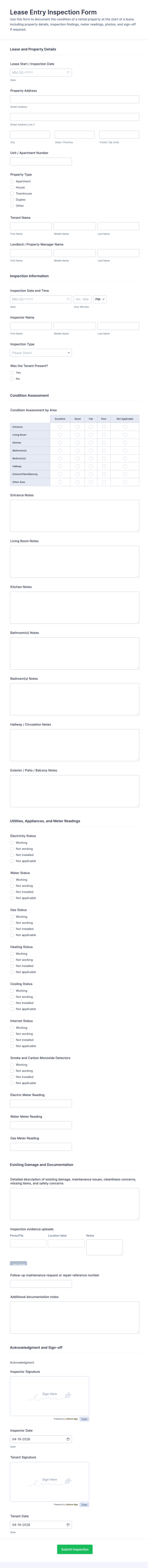 Lease Entry Inspection Form Template