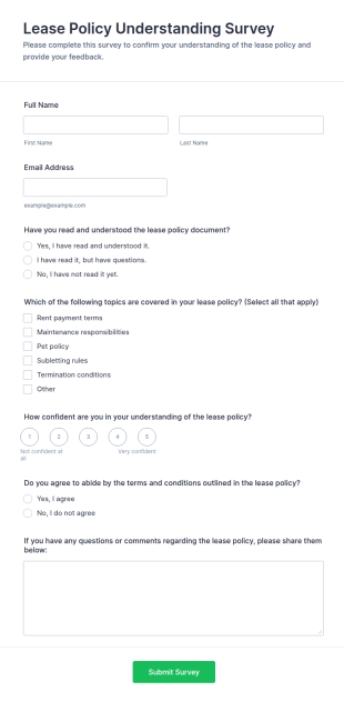 Lease Policy Understanding Survey Form Template