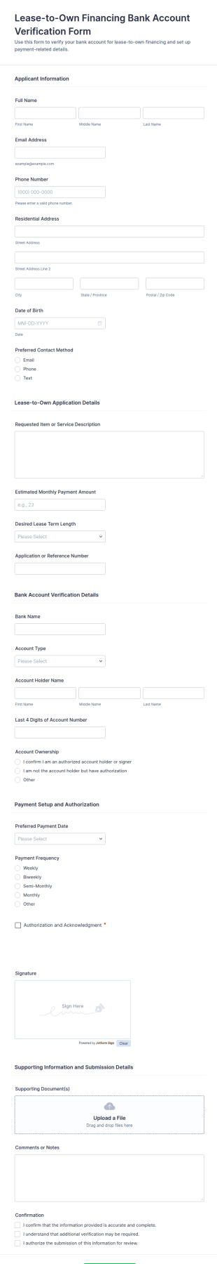Lease To Own Financing Bank Account Verification Form Template