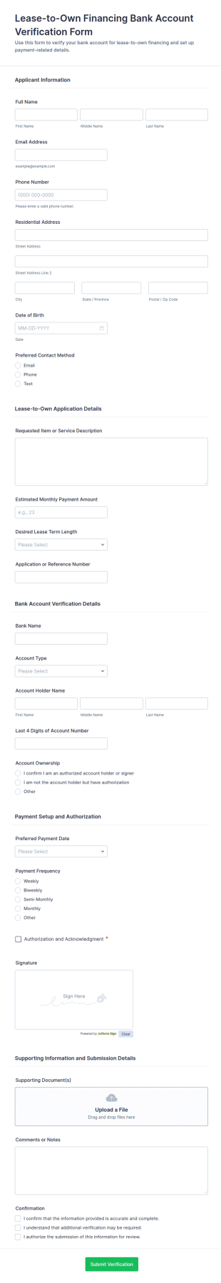 Lease To Own Financing Bank Account Verification Form Template