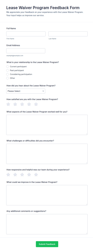 Lease Waiver Program Feedback Form Template