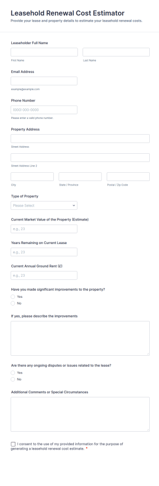 Leasehold Renewal Cost Estimator Form Template