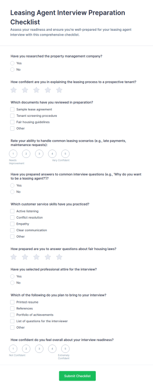 Leasing Agent Interview Preparation Checklist Form Template