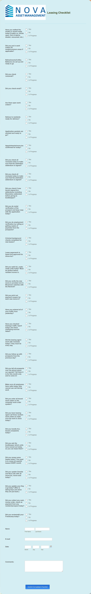 Leasing Checklist Form Template
