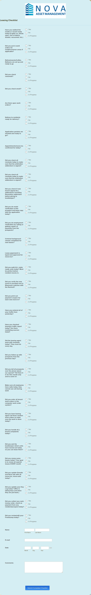 Leasing Checklist Form Template