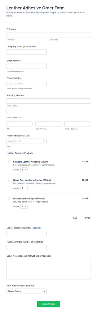 Leather Adhesive Order Form Template