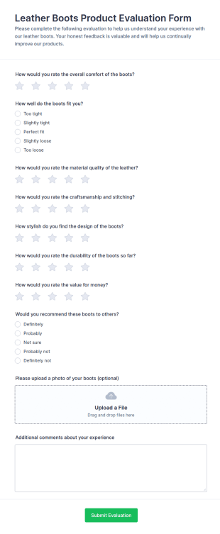 Leather Boots Product Evaluation Form Template