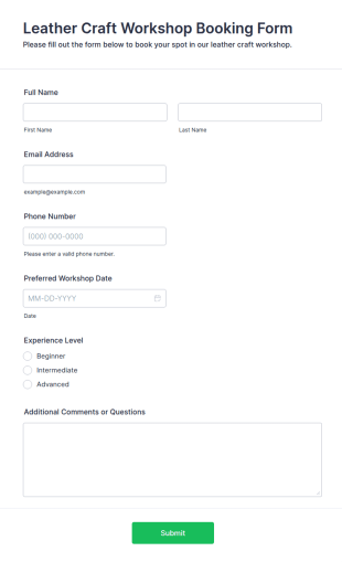 Leather Craft Workshop Booking Form Template