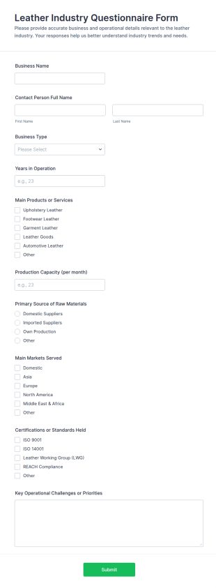Leather Industry Questionnaire Form Template
