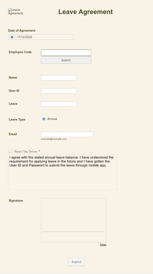 Leave Agreement Form Template