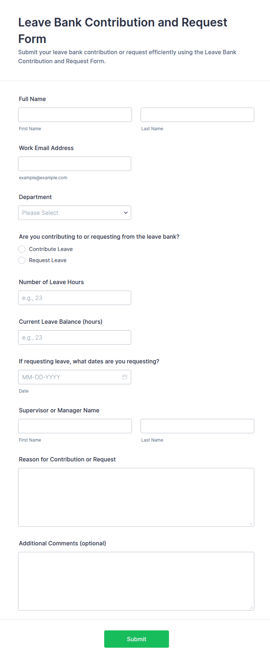 Leave Bank Contribution and Request Form Template | Jotform
