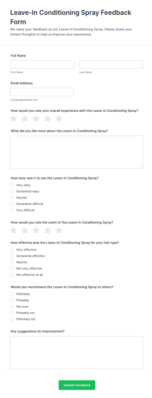 Leave In Conditioning Spray Feedback Form Template