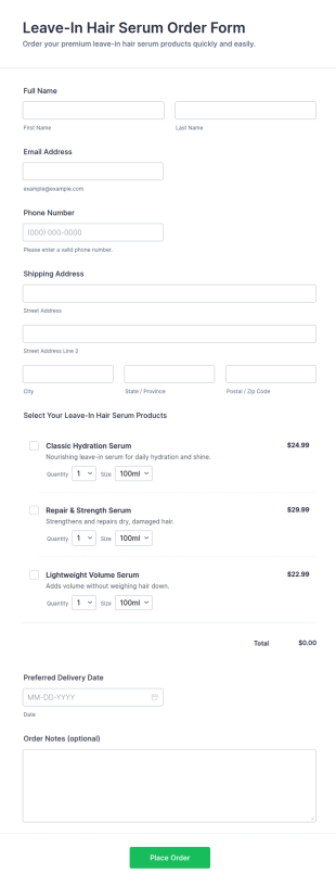 Leave In Hair Serum Order Form Template