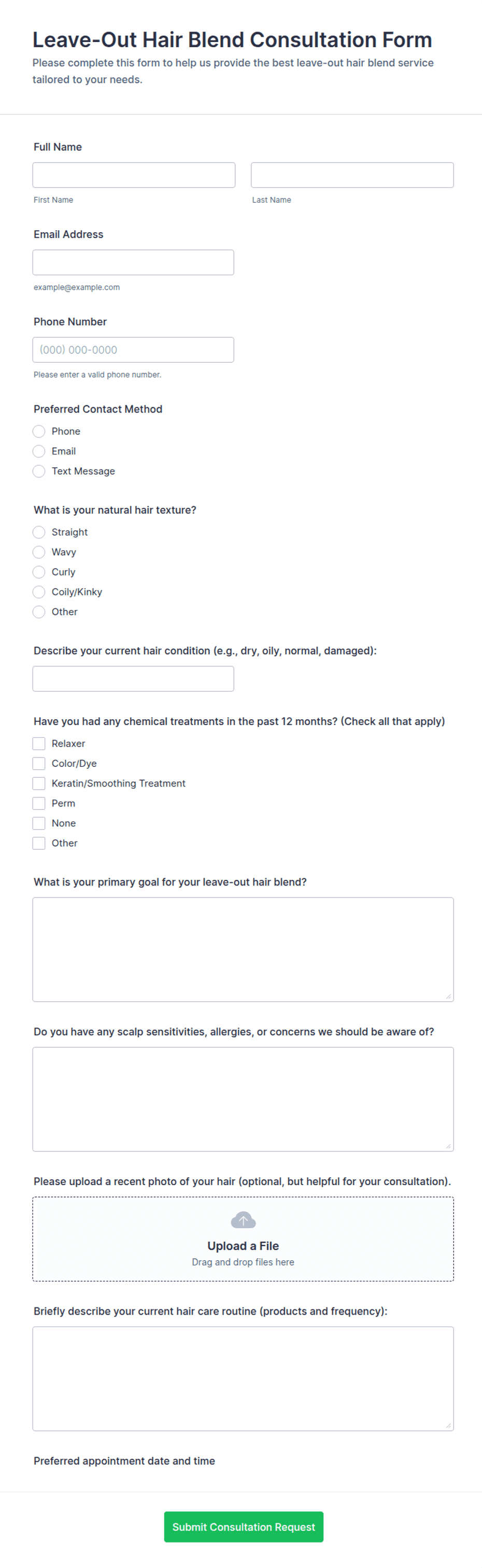 Leave-Out Hair Blend Consultation Form Template | Jotform