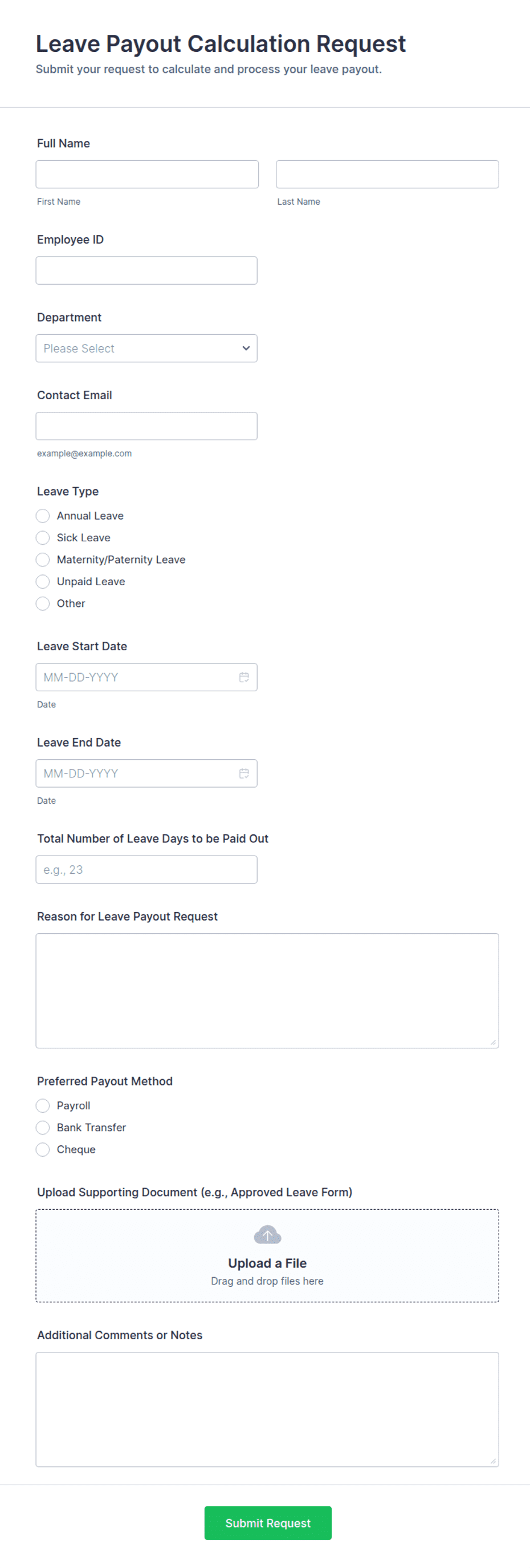 Leave Payout Calculation Request Form Template | Jotform