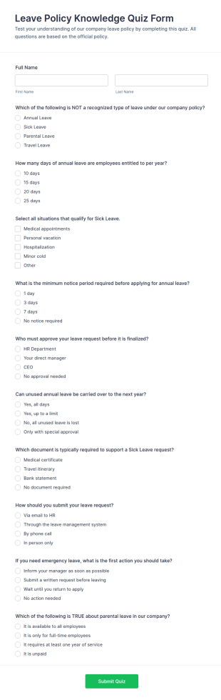 Leave Policy Knowledge Quiz Form Template