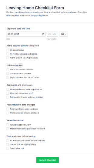 Leaving Home Checklist Form Template