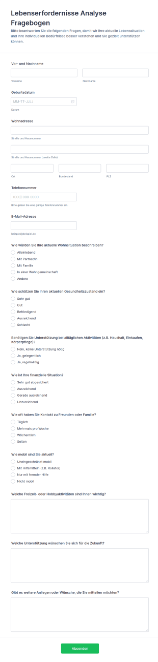 Lebenserfordernisse Analyse Fragebogen