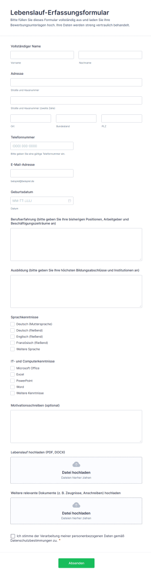 Lebenslauf Erfassungsformular