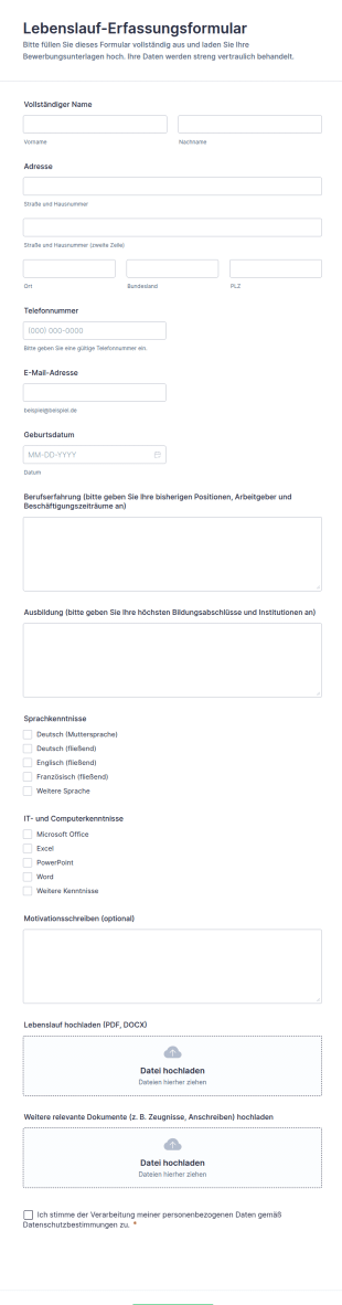 Lebenslauf Erfassungsformular