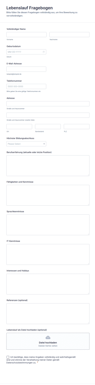 Lebenslauf Fragebogen