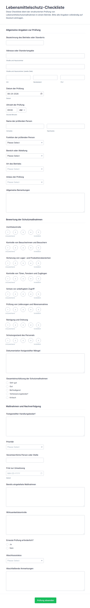 Lebensmittel Schutz Checkliste