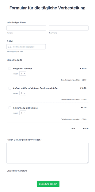 Lebensmittel Vorbestellformular Form Template