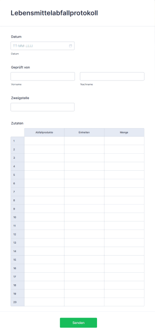 Lebensmittelabfallprotokoll Form Template