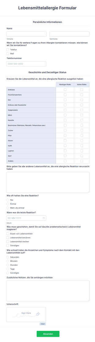 Lebensmittelallergie Formular