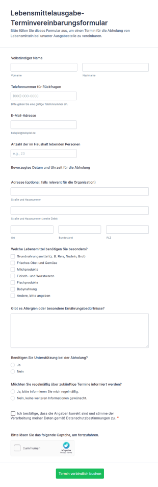 Lebensmittelausgabe Terminvereinbarungsformular