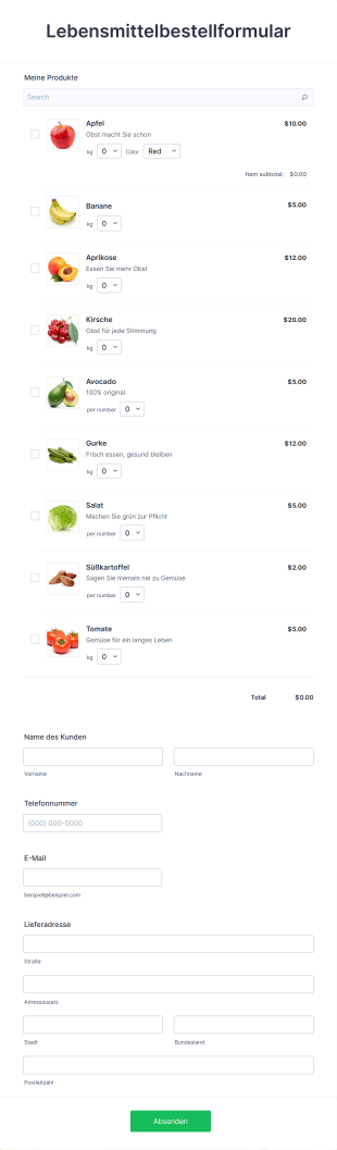 Lebensmittelbestellformular