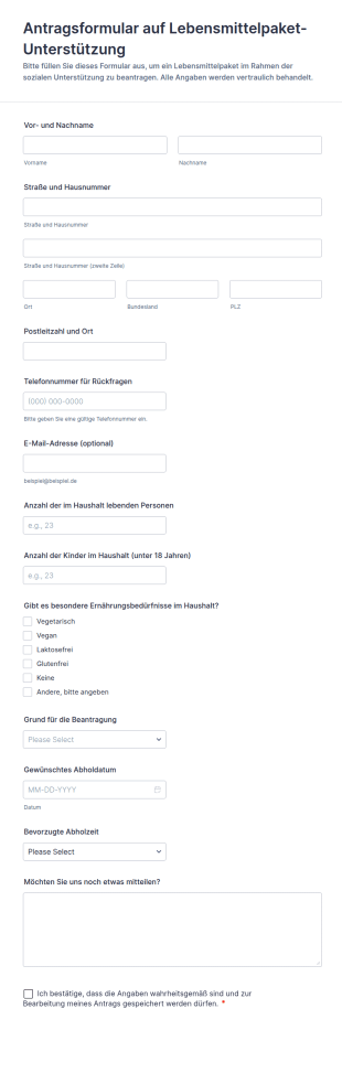 Lebensmittelpaket Anfrage Formular