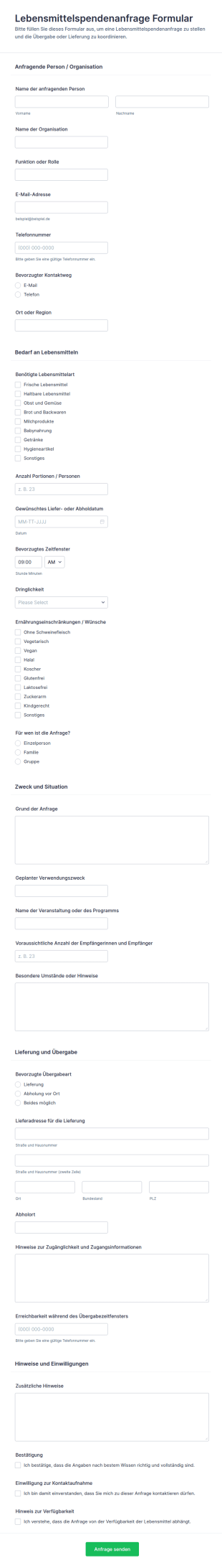 Lebensmittelsammel Anfrage Formular 🥗