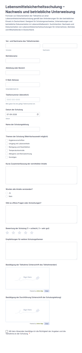 Lebensmittelsicherheitsschulung Formular